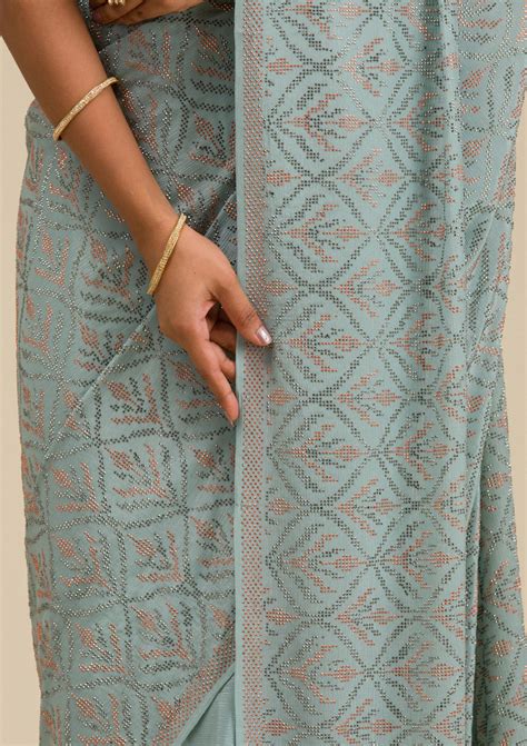 Buy Sea Green Stonework Georgette Saree - Koskii