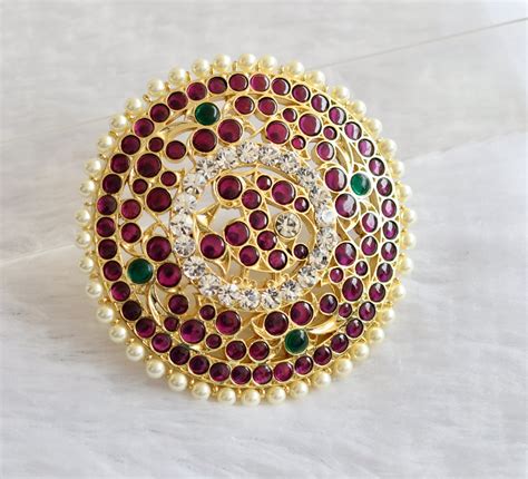 Gold tone semi precious kemp-green-white pearl round peacock hair jewe ...