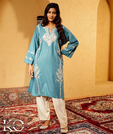Powder Blue Wool Pheran Zari Embroidery | Modern Design Pherans ...