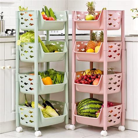 PARASNATH Plastic Skep 4 Layer Fruit&Vegetable Basket Trolley (Pink ...
