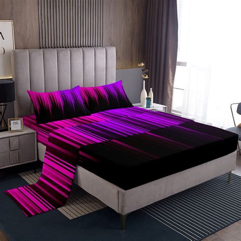 Pink Purple Black Bed Sheets Full Abstract Gradient Stripes Bedding Set ...