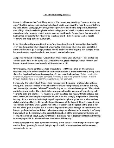THIS I Believe #1 - This I Believe Essay BUS 441 Before I could ...