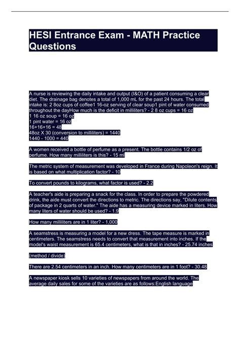 HESI Entrance Exam - MATH Practice Questions with 100% correct answers ...