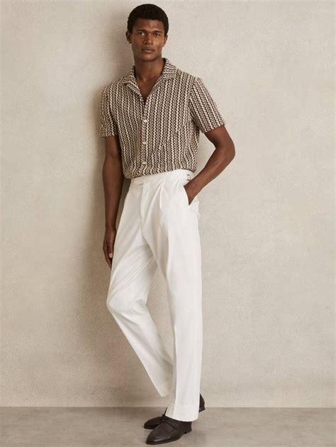 Reiss Vallata Knitted Cuban Collar Zig Zag Shirt, Mid Brown