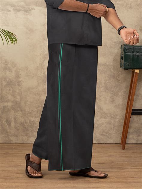 Single Layer Cotton Blend Black Dhoti & Towel Set with Green Border ...
