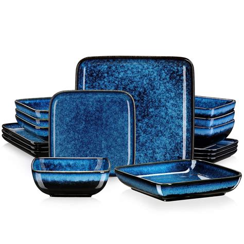 vancasso Stern Blue Dinner Set Square Reactive Glaze Tableware 16 ...