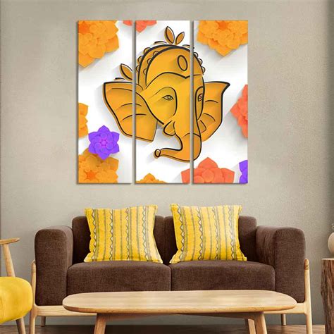 Shree Ganesha Face Canvas Wall Painting of Three Pieces – Homcraft