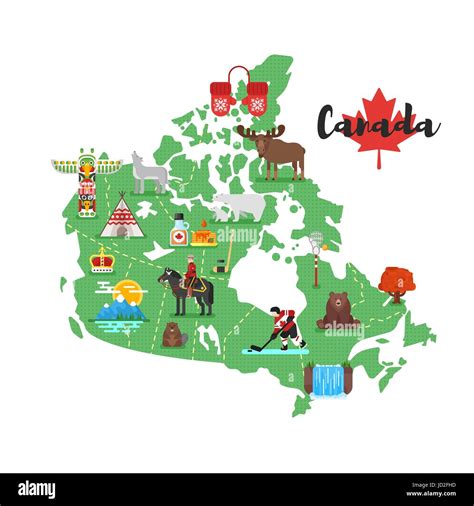 Vector flat style illustration of Canadian map with Canadian national cultural symbols. Isolated ...