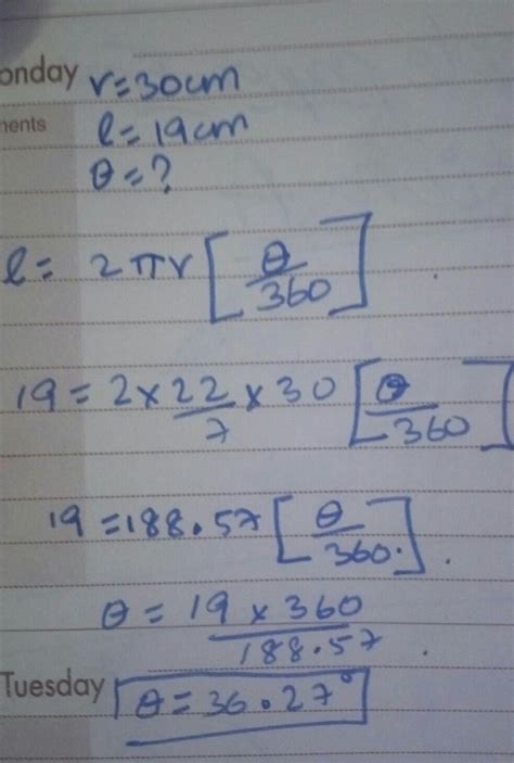 arc of a circle of radius 30 CM having length 19 CM then find the angle ...