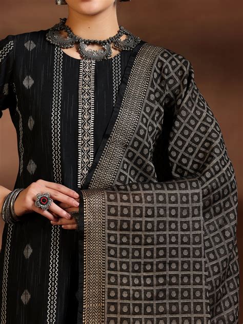 Buy Black Woven Design Cotton Blend Straight Suit With Dupatta Online ...