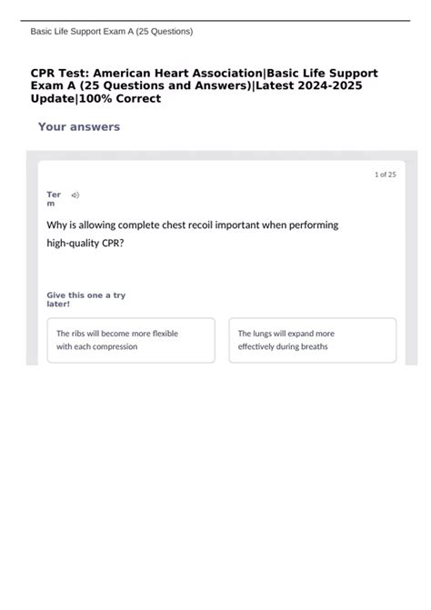 CPR Test: American Heart Association|Basic Life Support Exam A (25 ...