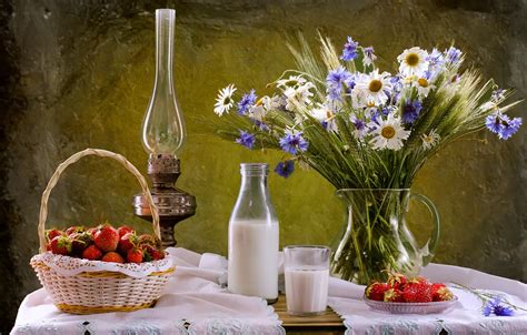 Wallpaper chamomile, bouquet, milk, strawberry, still life, cornflowers ...