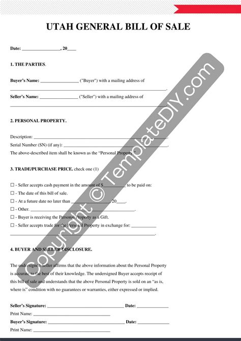 Utah General Bill of Sale Form Template Printable PDF, Word