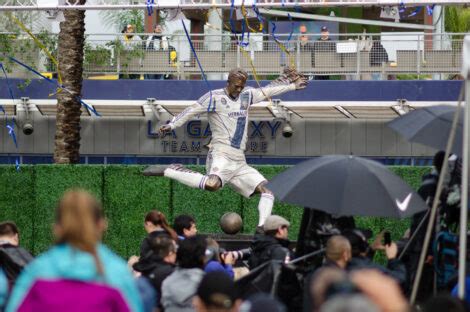 The David Beckham statue at Legends Plaza at Dignity Health Sports Park in Los Angeles.