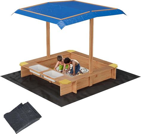 babevy Wooden Sandbox With Uv-resistant Canopy, Side Buckets, And Drainage Liner – Durable ...