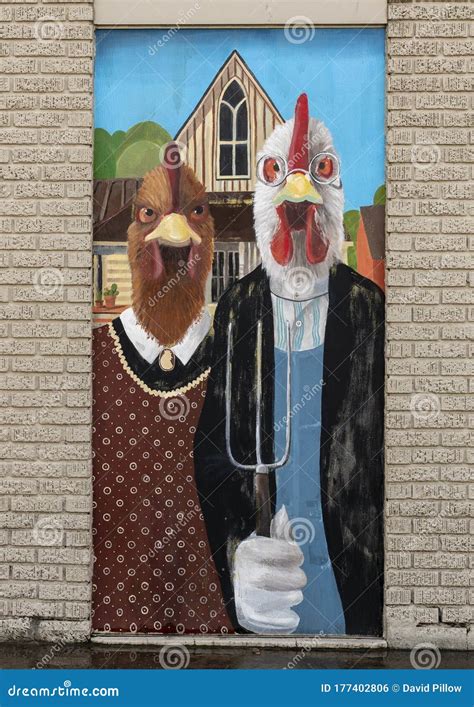 Chickens Mimicking the Farmer and His Wife in the Famous Painting, American Gothic by Grant Wood ...