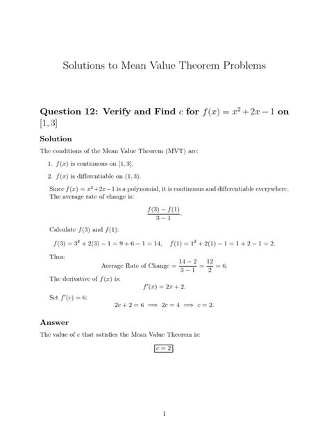 Image result for Mean Value Theorem Examples with Solutions