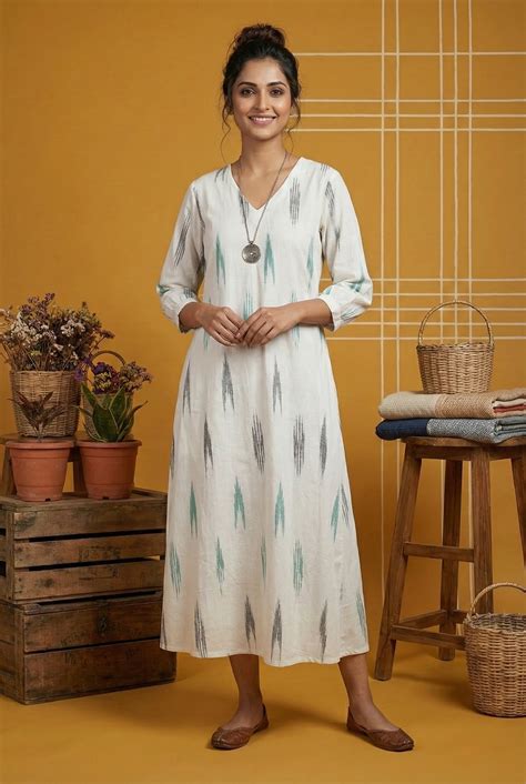 Neerus White Ikat Printed Cotton A-Line Kurta for Casual Festive Women ...