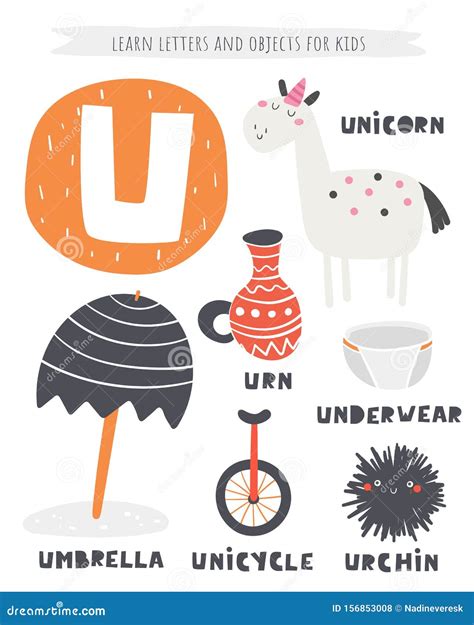 U Letter Objects And Animals Including Unicorn, Urn, Umbrella, Unicycle ...