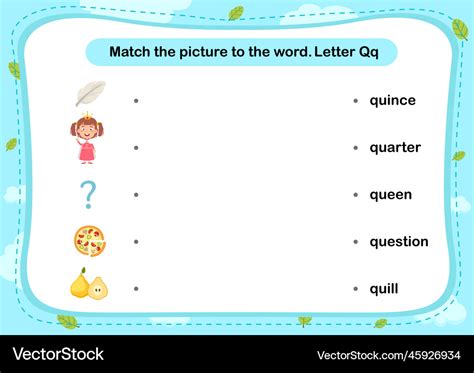 Letter Q Word Matching Activity Royalty Free Vector Image