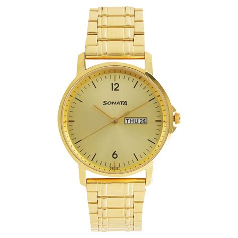Buy Online Sonata Quartz Analog with Day and Date Champagne Dial ...