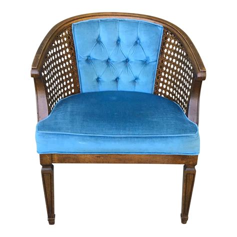 Mid-Century Blue Velvet Tufted Back Cane Barrel Chair | Chairish