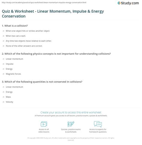 Quiz & Worksheet - Linear Momentum, Impulse & Energy Conservation | Study.com