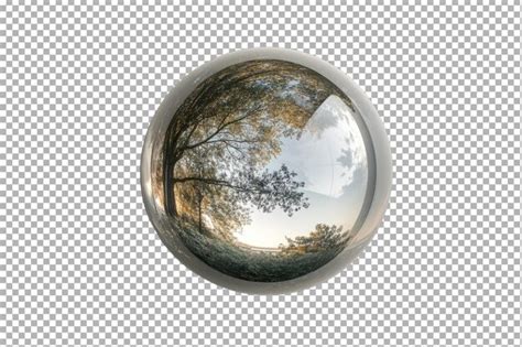Reflective sphere captures serene landscape with trees and soft clouds ...
