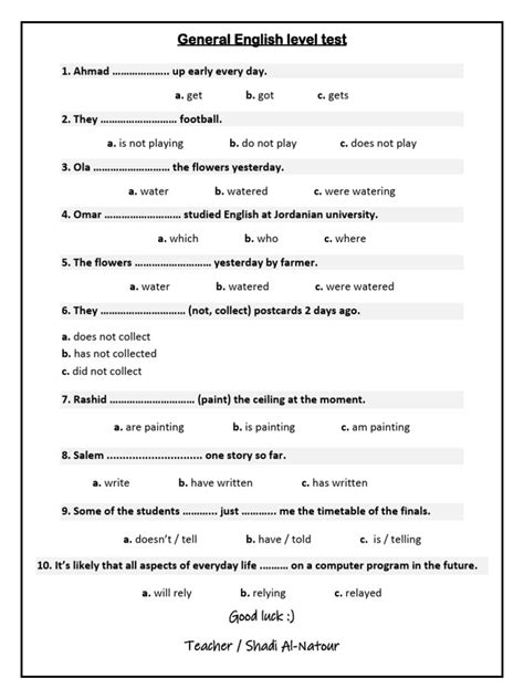 Image result for Printable English Level Test