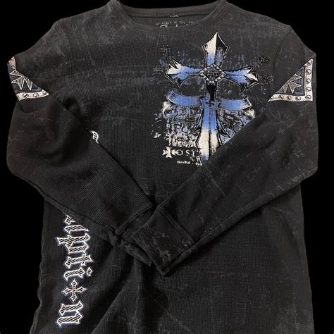 Affliction Men's Black and Blue Shirt | Depop