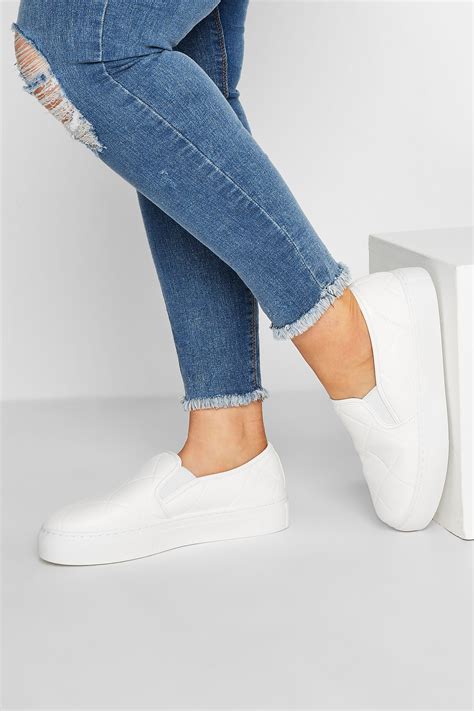 White Quilted Slip-On Trainers In Extra Wide Fit | Yours Clothing