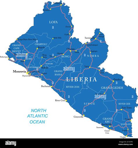 Highly detailed vector map of Liberia with administrative regions, main ...