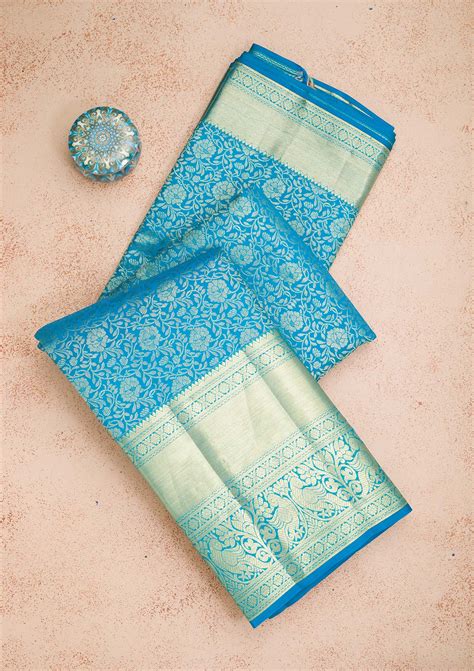 Buy Turquoise Blue Zariwork Pure Silk Saree - Koskii