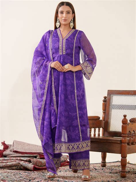 Poly Organza Purple Color Ethnic Motifs Embroidered Kurta With Trouser ...