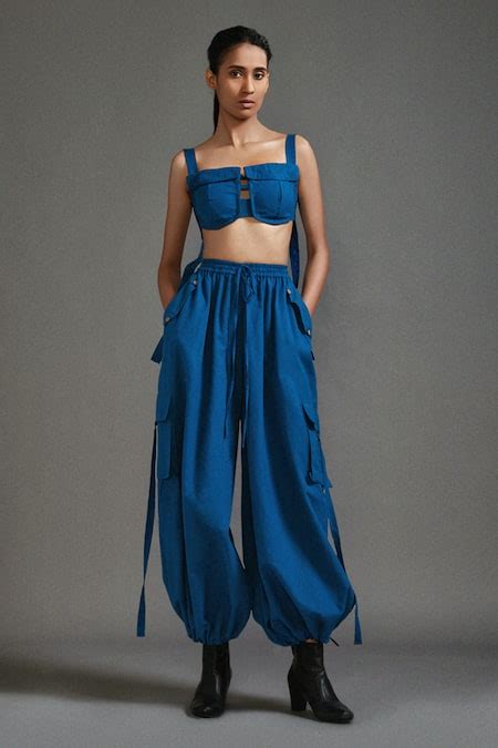Buy Blue Cotton Square Neck Pocket Corset Crop Top With Baggy Cargo ...