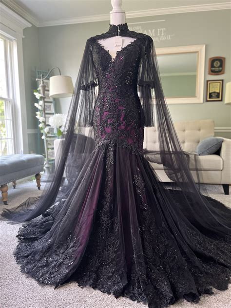 Gothic Black & Purple Wedding Dress with Trumpet Silhouette