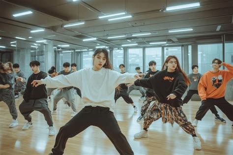 Group of kpop idols practicing their dance routine in a mirrored ...
