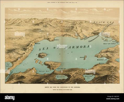 A bird's eye view map of the Sea of Marmara from 1878, showcasing the sea's surrounding regions ...