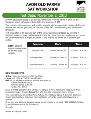 Fillable Online AVON OLD FARMS SAT WORKSHOP - Avon Old Farms School Fax ...