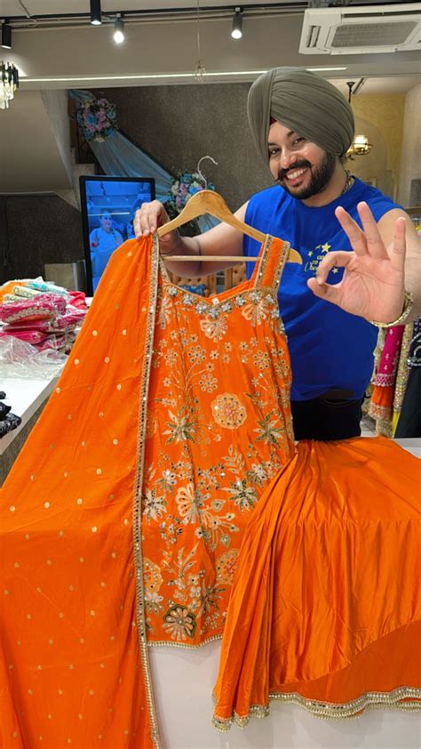 Orange Strap Sleeves Satan Crepe Heavy Hand Embroidered Azaaro Set wit