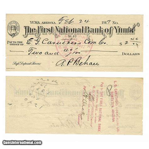 "Antique First National Bank of Yuma Check for $2.40 Dated 1917 to ...