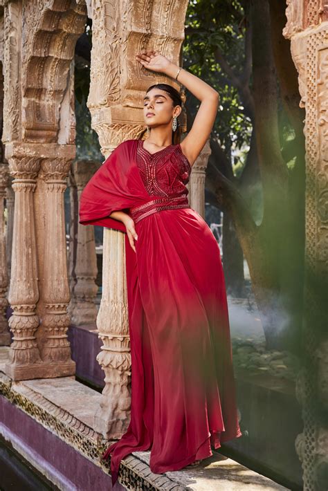 Red Gown With Sari Drape And An Embroidered Belt. – Mehak Murpana