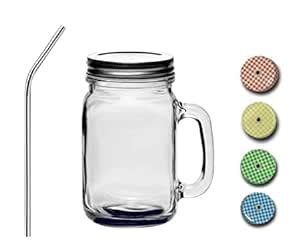 SAVE™ Mason Jar With Bent Stainless Steel Straw, Handle, and 2 Lids ...