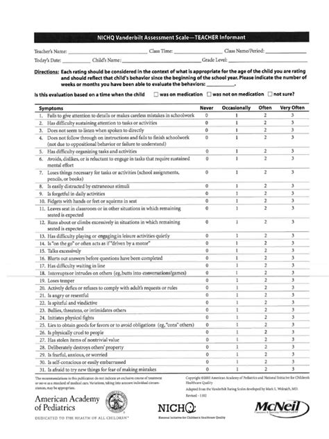Vanderbilt Assessment For ADHD - Teacher Rating Scale | PDF