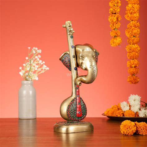 Brass Superfine Lord Ganesha with Sitar/Veena Table Accent Showpiece ...