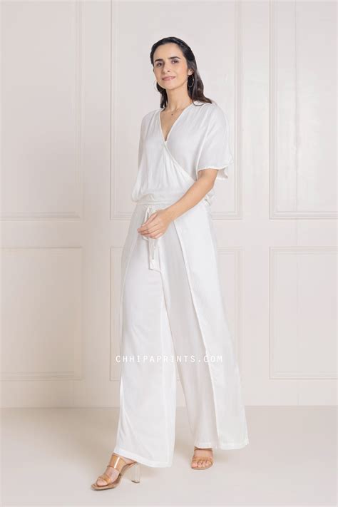 Cotton Modal Wrap Top and Pants Co Ord Set in Solid Shades of Off Whit ...