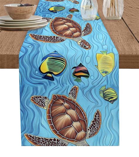 Sea Turtle Fish Table Runner 72 Inches, Coastal Nautical Ocean Bed ...