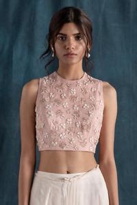 Buy Peach Georgette, Silk Organza Round Pre-draped Saree With ...