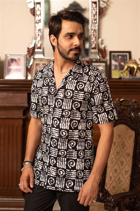 Funky Fizz - Black and White printed Cuban Collar Shirt