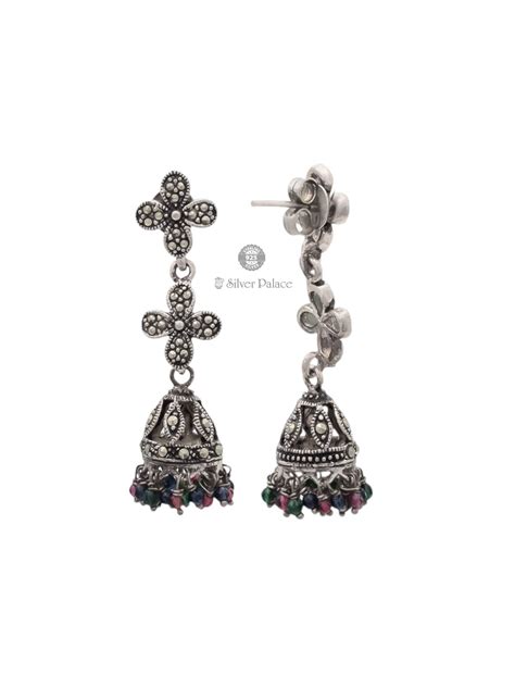 925 Oxidised Silver Floral Design & Multi Color Beads Jhumka For Giels ...